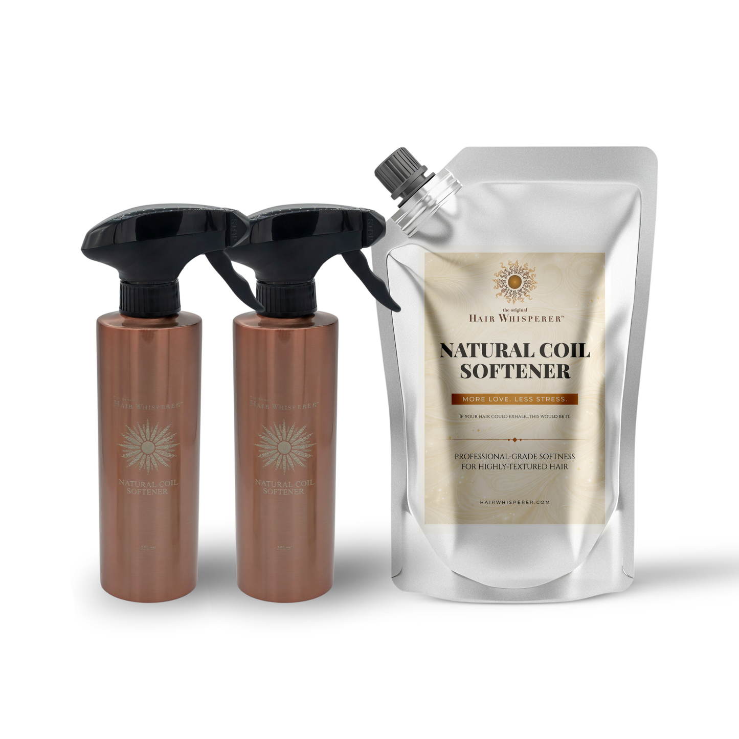 Natural Coil Softener™ — Family Pack (Two 12 oz / 350 ml Bottles + 32 oz / 1L Refill)